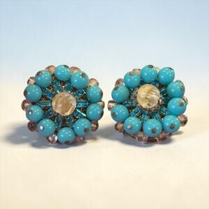 Turquoise Bead Cluster Earrings Eugene Blue Crystal Clip Ons 1950s